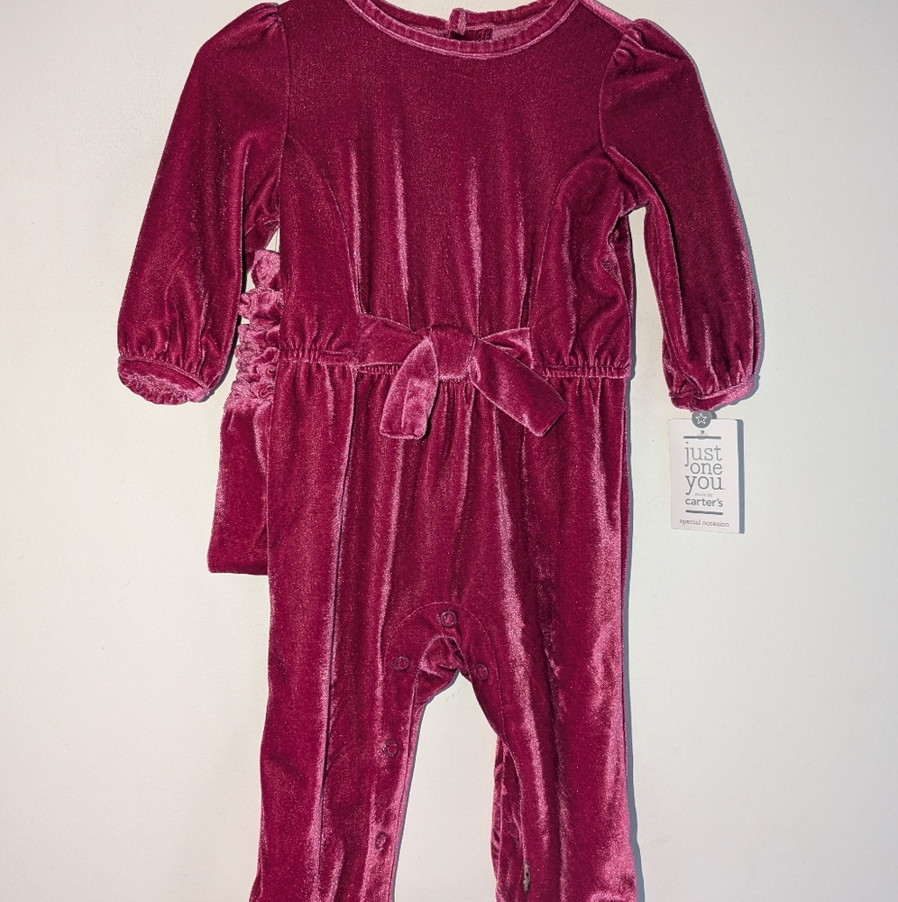 JUST ONE YOU Infant Girl's Long Sleeve Velveteen 1-Piece w/Headband - Size 6 Mos